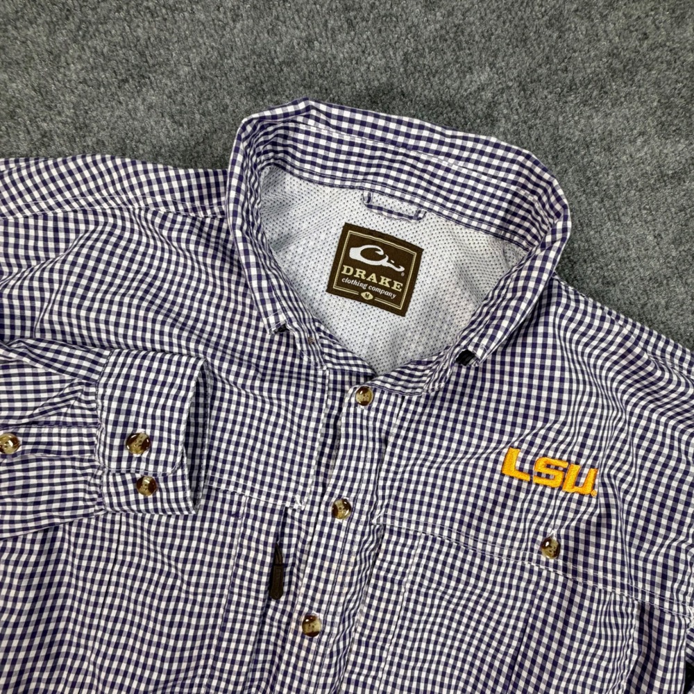 Drake Waterfowl LSU Tigers Fishing Shirt Mens Medium Purple Gingham Vented 0829